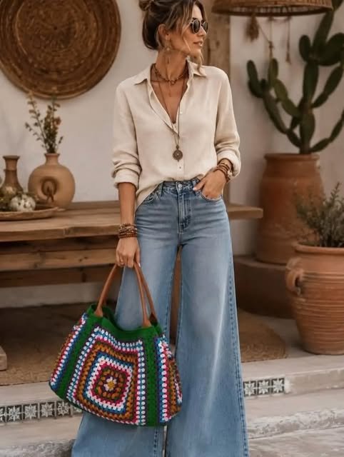 Look Bloom com camisa clara, jeans amplo e bolsa de crochê colorida